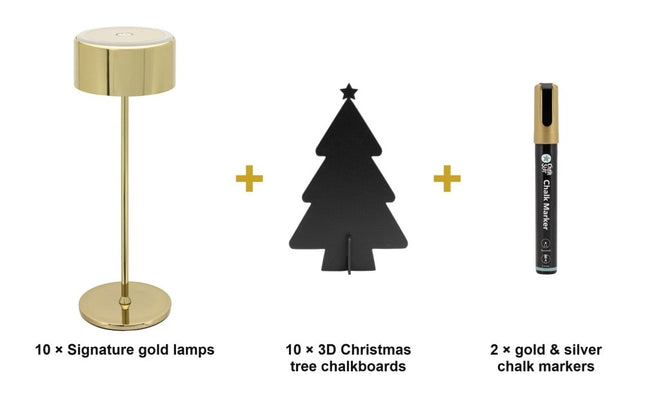 Securit® 10 Signature Gold Dimmable Lamps + 10 3D Christmas Tree Chalkboards + Gold & Silver Markers Christmas Golden Glow Set | Hospitality Trade Pack - hospitality