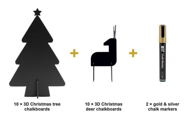 Securit® 20 Festive 3D Table Chalkboards (Tree & Deer) + Gold & Silver Markers Christmas Table Set | Hospitality Trade Pack - hospitality