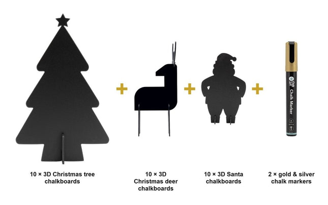 Securit® 30 Festive 3D Table Chalkboards (Tree, Deer & Santa) + Gold & Silver Markers Christmas Table Set | Hospitality Trade Pack - hospitality