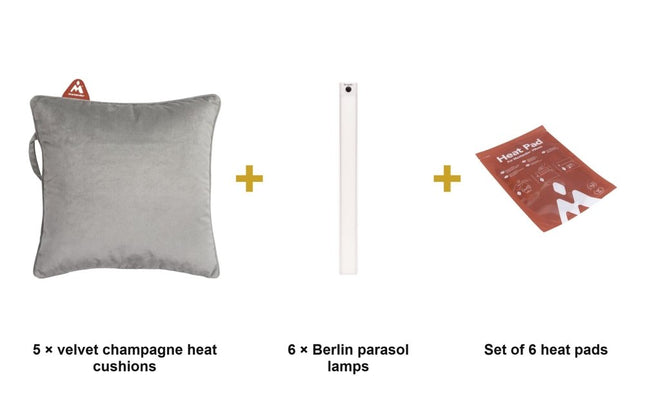 Securit® 5 Velvet Champagne Heat Pad Cushions + 6 Berlin Parasol Lamps + Heat Pads Christmas Winter Terrace Set | Hospitality Trade Pack - hospitality