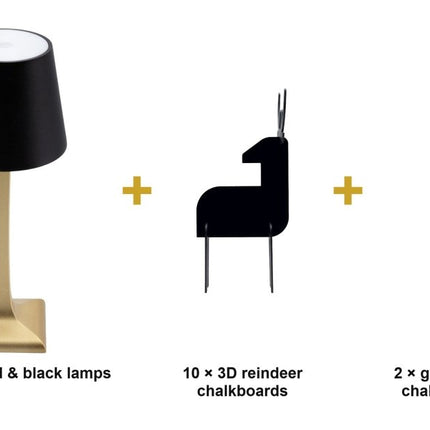 Securit® 6 Roma Gold & Black Lamps + 10 3D Reindeer Chalkboards + Gold & Silver Markers Magical Christmas Table Set | Hospitality Trade Pack - hospitality