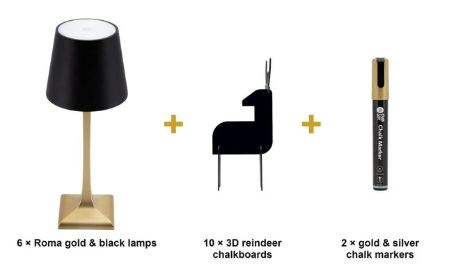 Securit® 6 Roma Gold & Black Lamps + 10 3D Reindeer Chalkboards + Gold & Silver Markers Magical Christmas Table Set | Hospitality Trade Pack - hospitality