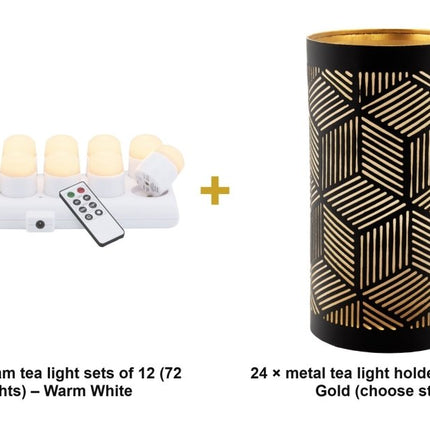 Securit® 72 Rechargeable LED Tea Lights + 24 Black & Gold Holders Christmas Candlelight Set | Hospitality Trade Pack - hospitality