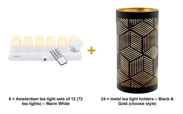 Securit® 72 Rechargeable LED Tea Lights + 24 Black & Gold Holders Christmas Candlelight Set | Hospitality Trade Pack - hospitality