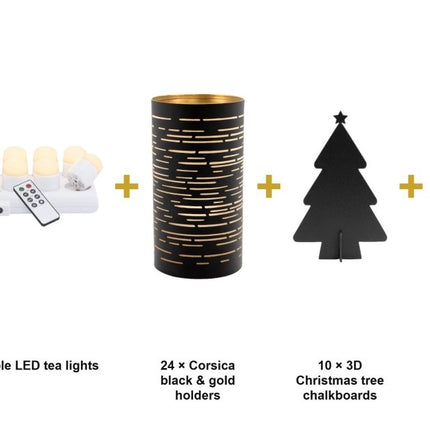 Securit® 72 Rechargeable LED Tea Lights + 24 Corsica Black & Gold Holders + 10 3D Trees + 10 3D Reindeer Christmas Candlelight Deluxe Set | Hospitality Trade Pack - hospitality