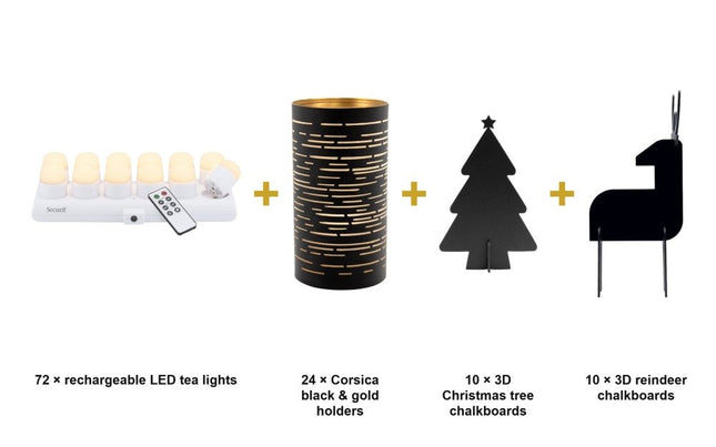 Securit® 72 Rechargeable LED Tea Lights + 24 Corsica Black & Gold Holders + 10 3D Trees + 10 3D Reindeer Christmas Candlelight Deluxe Set | Hospitality Trade Pack - hospitality