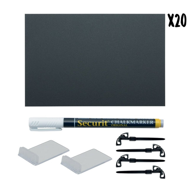 Securit® A6 Black Chalkboard Tags (100) + Acrylic Clamp Holders (36) + White Markers Price Tag Set | Hospitality Trade Pack - hospitality