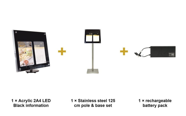Securit® Acrylic 2A4 LED Black Information Display Set – Display + Pole & Base + Battery | Hospitality Trade Pack - hospitality