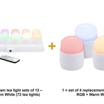 Securit® Amsterdam Rechargeable Tea Lights RGB + Warm White (6 Sets of 12) + 4 Replacement Tea Lights Lighting Set | Hospitality Trade Pack - hospitality