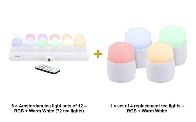Securit® Amsterdam Rechargeable Tea Lights RGB + Warm White (6 Sets of 12) + 4 Replacement Tea Lights Lighting Set | Hospitality Trade Pack - hospitality