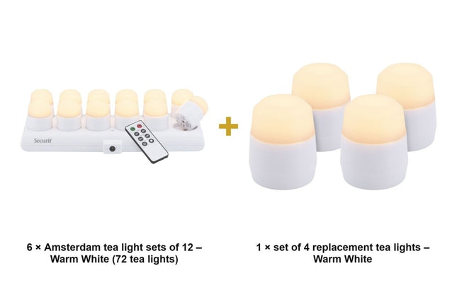 Securit® Amsterdam Rechargeable Tea Lights Warm White (6 Sets of 12) + 4 Replacement Tea Lights Lighting Set | Hospitality Trade Pack - hospitality