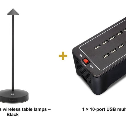 Securit® Angelina Table Lamps Black (Pack of 6) + 10-Port Multicharger Lighting Set | Hospitality Trade Pack - hospitality