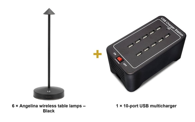 Securit® Angelina Table Lamps Black (Pack of 6) + 10-Port Multicharger Lighting Set | Hospitality Trade Pack - hospitality