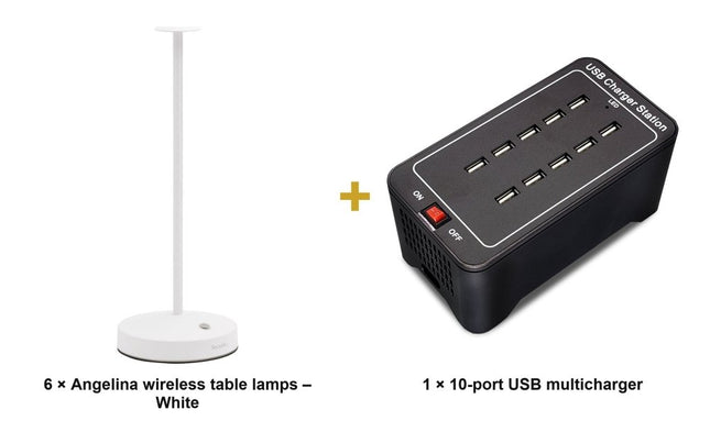 Securit® Angelina Table Lamps White (Pack of 6) + 10-Port Multicharger Lighting Set | Hospitality Trade Pack - hospitality