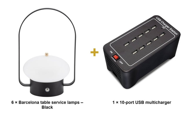 Securit® Barcelona Table Lamps Black (Pack of 6) + 10-Port Multicharger Lighting Set | Hospitality Trade Pack - hospitality