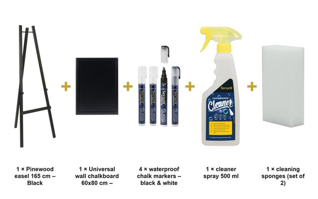 Securit® Black Easel 165 cm + Black Chalkboard 60x80 cm + Waterproof Markers Easel Chalkboard Set | Hospitality Trade Pack - hospitality