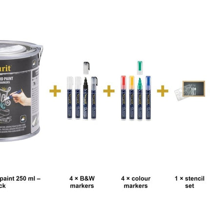 Securit® Black Paint 250 ml + Waterproof Markers + Stencils + Cleaner Chalk Wall Kit | Hospitality Trade Pack - hospitality