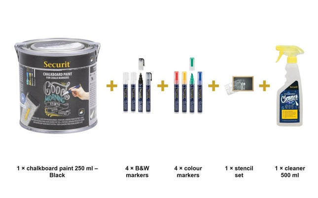 Securit® Black Paint 250 ml + Waterproof Markers + Stencils + Cleaner Chalk Wall Kit | Hospitality Trade Pack - hospitality