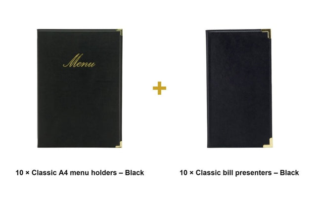 Securit® Classic A4 Black Front-of-House Set – 10 Menu Holders + 10 Bill Presenters | Hospitality Trade Pack - hospitality