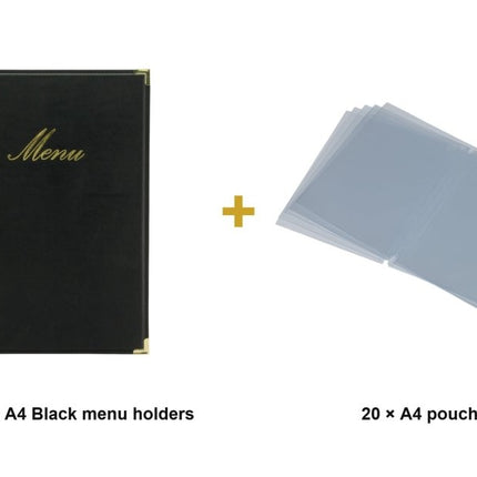 Securit® Classic A4 Black Menu Set – 10 Menu Holders + 20 Extra Pouches | Hospitality Trade Pack - hospitality
