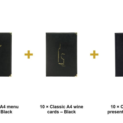 Securit® Classic A4 Black Menu Suite – 10 Menu Holders + 10 Wine Cards + 10 Bill Presenters | Hospitality Trade Pack - hospitality