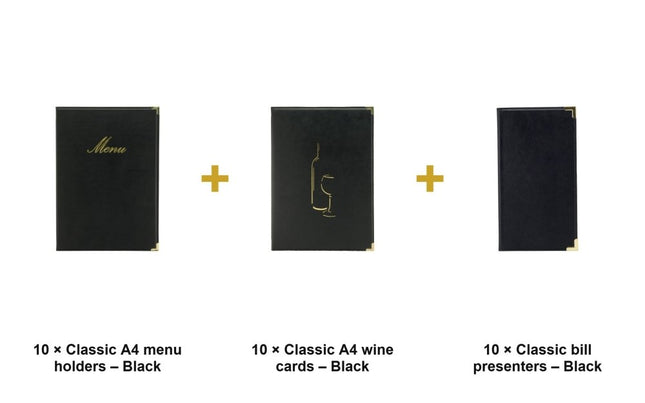 Securit® Classic A4 Black Menu Suite – 10 Menu Holders + 10 Wine Cards + 10 Bill Presenters | Hospitality Trade Pack - hospitality