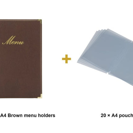 Securit® Classic A4 Brown Menu Set – 10 Menu Holders + 20 Extra Pouches | Hospitality Trade Pack - hospitality