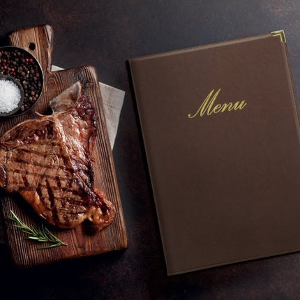 Securit® Classic A4 Brown Menu Set – 10 Menu Holders + 20 Extra Pouches | Hospitality Trade Pack - hospitality