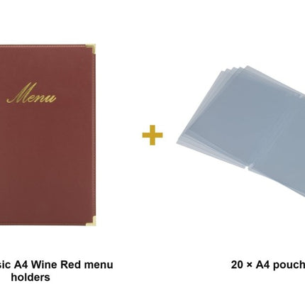 Securit® Classic A4 Wine Red Menu Set – 10 Menu Holders + 20 Extra Pouches | Hospitality Trade Pack - hospitality