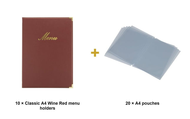 Securit® Classic A4 Wine Red Menu Set – 10 Menu Holders + 20 Extra Pouches | Hospitality Trade Pack - hospitality