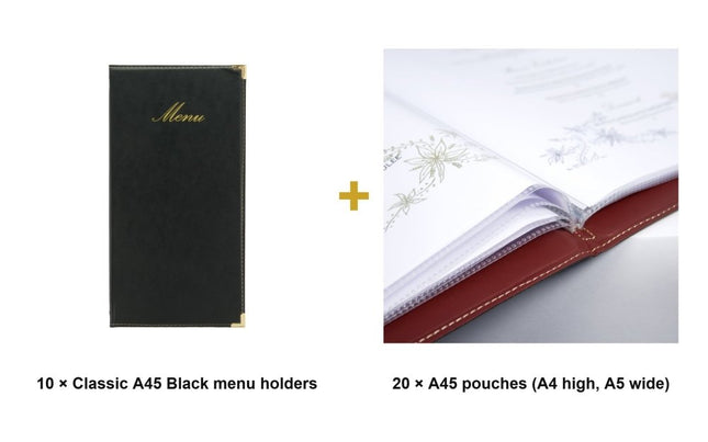 Securit® Classic A45 Black Menu Set – 10 Menu Holders + 20 Extra Pouches | Hospitality Trade Pack - hospitality