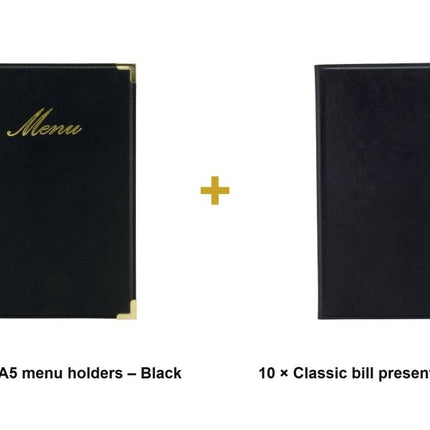 Securit® Classic A5 Black Front-of-House Set – 10 Menu Holders + 10 Bill Presenters | Hospitality Trade Pack - hospitality