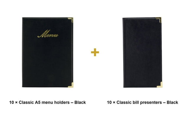 Securit® Classic A5 Black Front-of-House Set – 10 Menu Holders + 10 Bill Presenters | Hospitality Trade Pack - hospitality