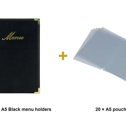 Securit® Classic A5 Black Menu Set – 10 Menu Holders + 20 Extra Pouches | Hospitality Trade Pack - hospitality