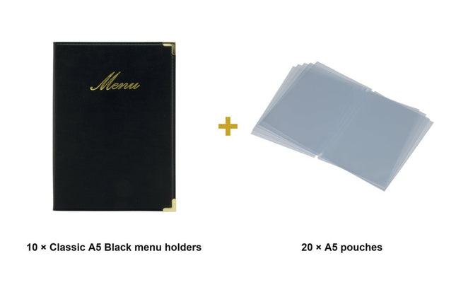 Securit® Classic A5 Black Menu Set – 10 Menu Holders + 20 Extra Pouches | Hospitality Trade Pack - hospitality