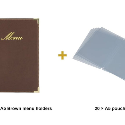 Securit® Classic A5 Brown Menu Set – 10 Menu Holders + 20 Extra Pouches | Hospitality Trade Pack - hospitality
