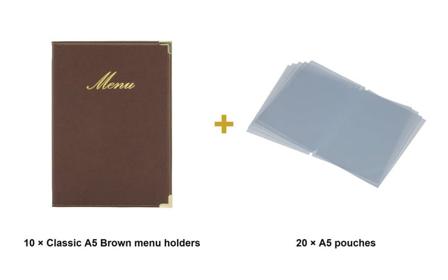 Securit® Classic A5 Brown Menu Set – 10 Menu Holders + 20 Extra Pouches | Hospitality Trade Pack - hospitality