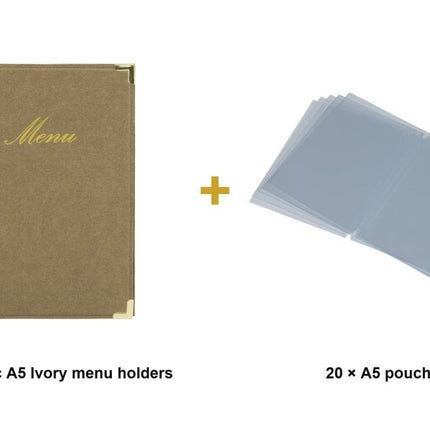 Securit® Classic A5 Ivory Menu Set – 10 Menu Holders + 20 Extra Pouches | Hospitality Trade Pack - hospitality