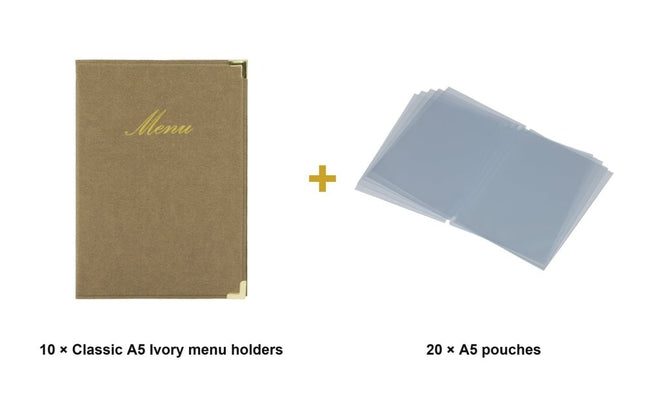 Securit® Classic A5 Ivory Menu Set – 10 Menu Holders + 20 Extra Pouches | Hospitality Trade Pack - hospitality