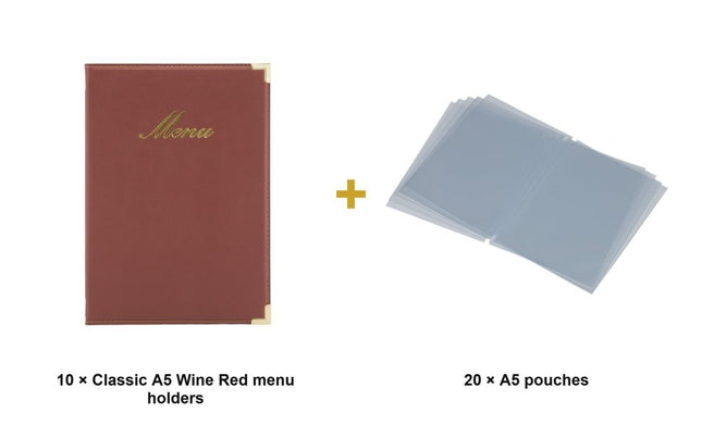 Securit® Classic A5 Wine Red Menu Set – 10 Menu Holders + 20 Extra Pouches | Hospitality Trade Pack - hospitality