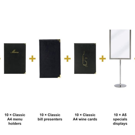 Securit® Classic Black Complete Ready Table Set for 10 Tables – Lamps + Menus + Wine Cards + Bill Presenters + Specials Displays + Table Numbers | Hospitality Trade Pack - hospitality