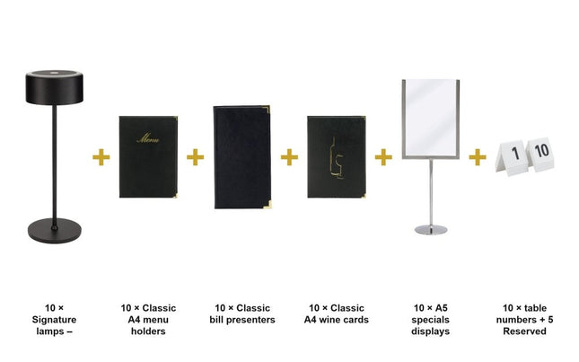 Securit® Classic Black Complete Ready Table Set for 10 Tables – Lamps + Menus + Wine Cards + Bill Presenters + Specials Displays + Table Numbers | Hospitality Trade Pack - hospitality