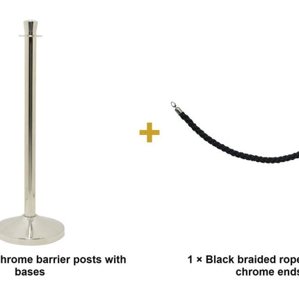 Securit® Classic Chrome Entrance Barrier Set – 2 Posts & Bases + Black Braided Rope | Hospitality Trade Pack - hospitality