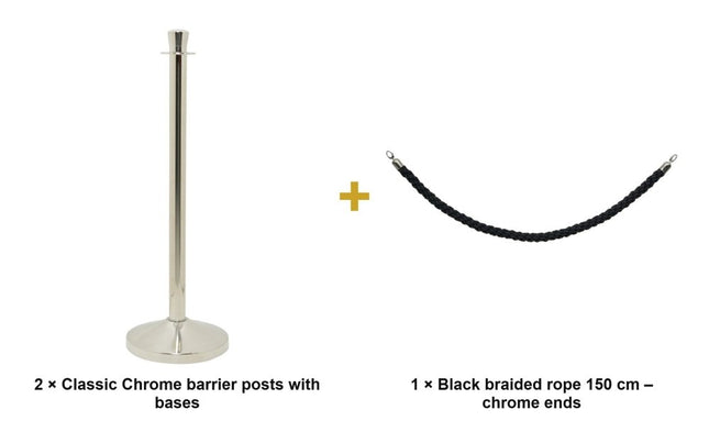Securit® Classic Chrome Entrance Barrier Set – 2 Posts & Bases + Black Braided Rope | Hospitality Trade Pack - hospitality