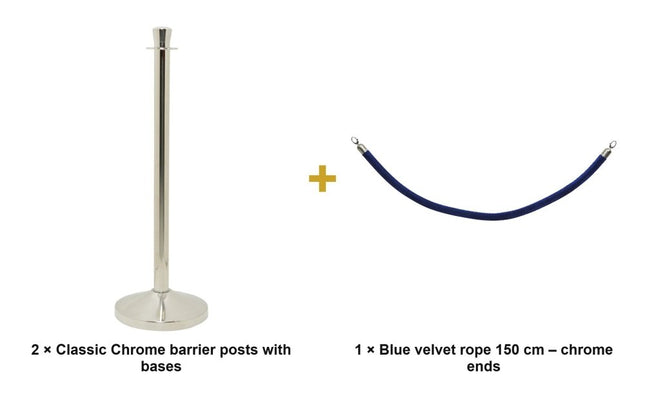 Securit® Classic Chrome Entrance Barrier Set – 2 Posts & Bases + Blue Velvet Rope | Hospitality Trade Pack - hospitality