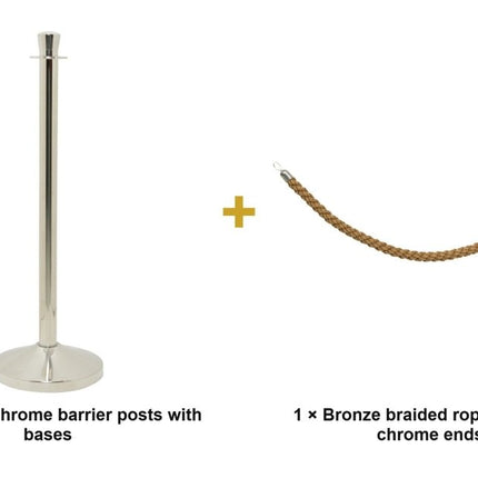 Securit® Classic Chrome Entrance Barrier Set – 2 Posts & Bases + Bronze Braided Rope | Hospitality Trade Pack - hospitality
