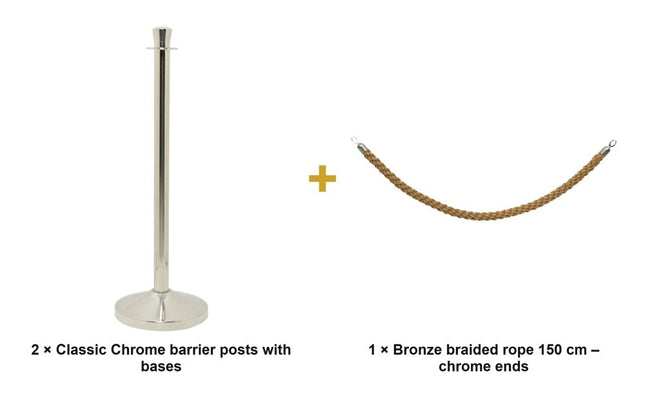 Securit® Classic Chrome Entrance Barrier Set – 2 Posts & Bases + Bronze Braided Rope | Hospitality Trade Pack - hospitality