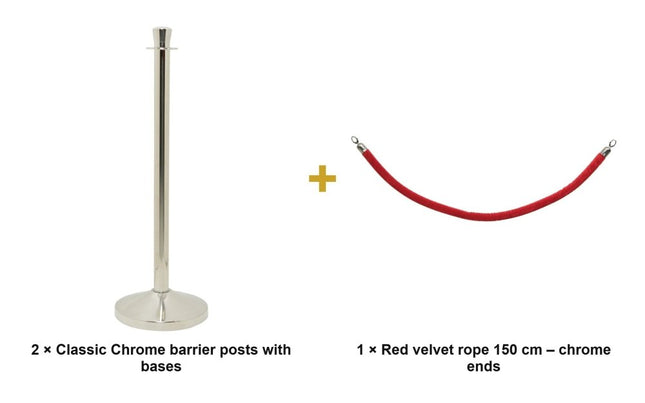 Securit® Classic Chrome Entrance Barrier Set – 2 Posts & Bases + Red Velvet Rope | Hospitality Trade Pack - hospitality