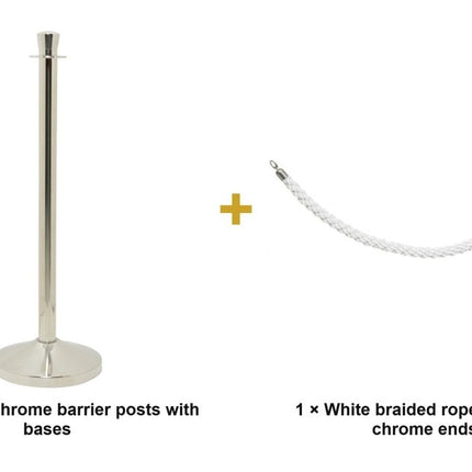 Securit® Classic Chrome Entrance Barrier Set – 2 Posts & Bases + White Braided Rope | Hospitality Trade Pack - hospitality