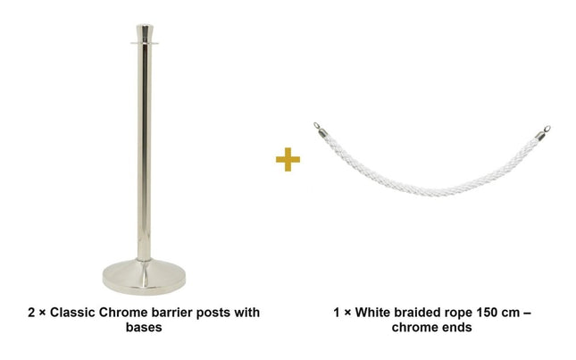 Securit® Classic Chrome Entrance Barrier Set – 2 Posts & Bases + White Braided Rope | Hospitality Trade Pack - hospitality